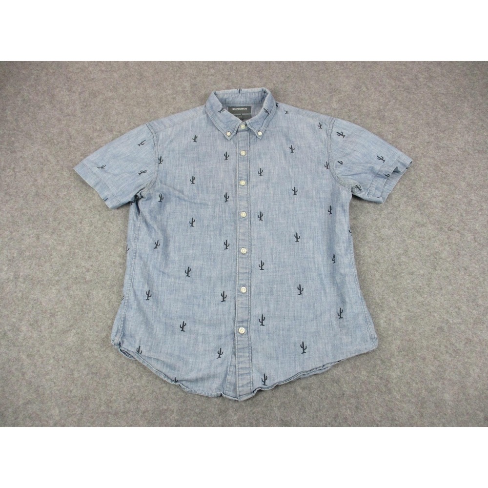 Bonobos Shirt Mens Medium Blue Chambray Short Sleeve Button Up Cactus Print